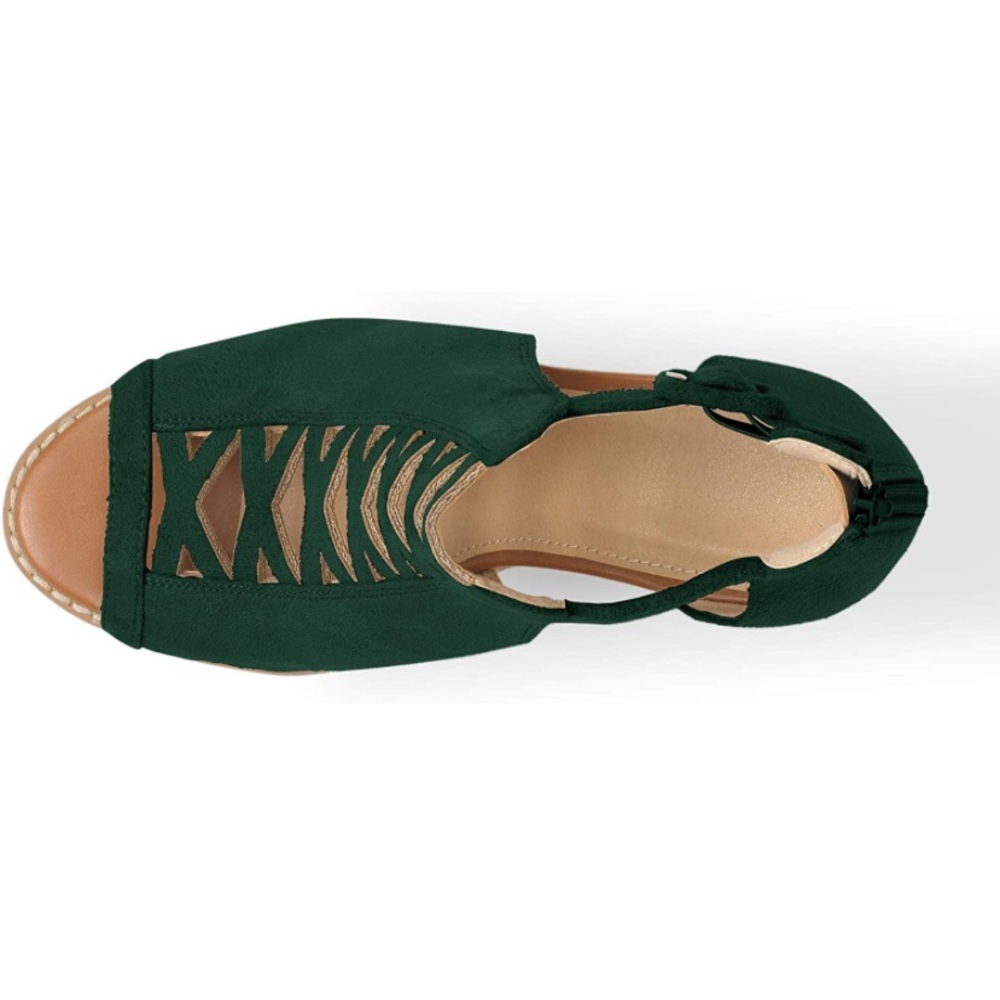 Ankle Strap Chunky Heels Vegan Suede Dark Green - Picture 5 of 7